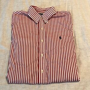 Red and White Striped Ralph Lauren Long Sleeve Dress Shirt.